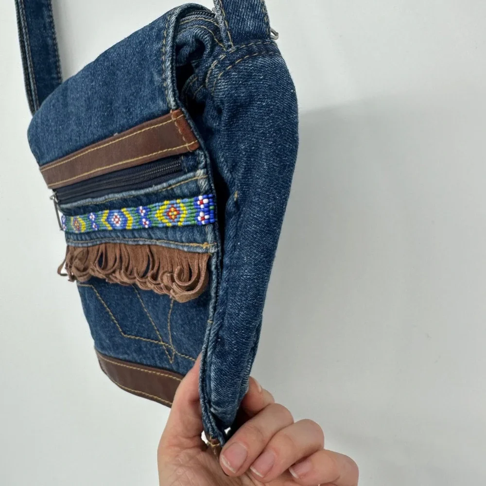 Boho 90s Denim Crossbody Bag Beaded‎ Fringe Leather Trim Adjustable Strap
